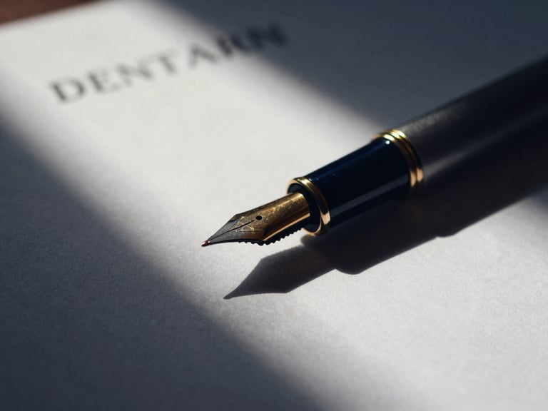 Close-up of a legal document with a fountain pen, side-lit, deep navy and gold tones.