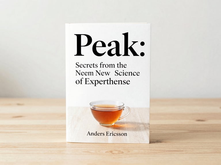 Minimalist book cover of 'Peak: Secrets from the New Science of Expertise' by Anders Ericsson, on a light wooden table with a single tea cup, soft morning light.