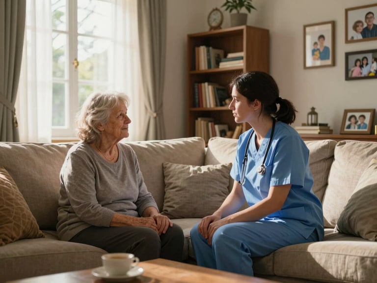Wide environmental shot of a sunlit living room, a caregiver seated beside an elderly woman on a sofa, both turned toward each other in quiet conversation, afternoon light through curtained windows, bookshelves and family photographs on the wall behind them — clearly someone's home, not a facility