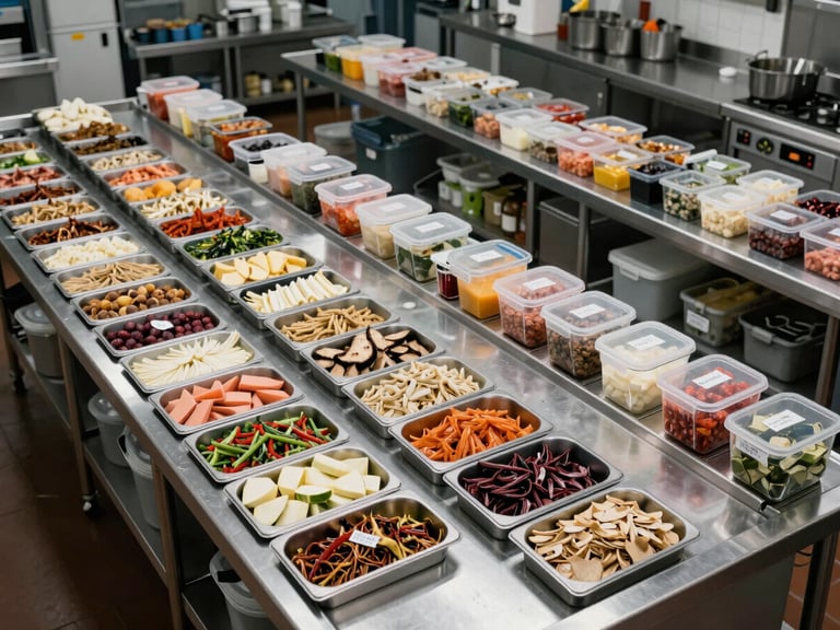 Overhead wide-angle view of a large-scale kitchen prep station in active operation, multiple prep trays organized in systematic rows, ingredient containers labeled and sorted by category, bright cool overhead lighting revealing the scale and organization of the facility, no posed staff