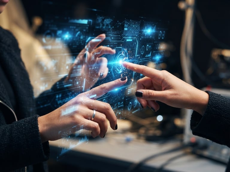 Dynamic close-up of hands interacting with a holographic interface, electric blue light, warm cream tones, digital collage elements, sharp focus.