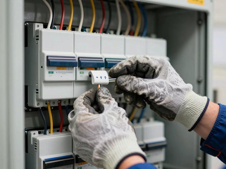 Close-up of a professional electrician's hands wearing heavy-duty insulated gloves, adjusting wiring inside a perfectly organized industrial electrical breaker box.