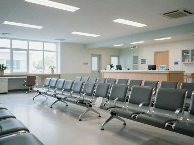 Wide environmental shot of a clean clinical waiting area interior, rows of padded chairs, reception desk visible in background, north-facing window light, cool fluorescent overhead, no people present, clinical modern decor