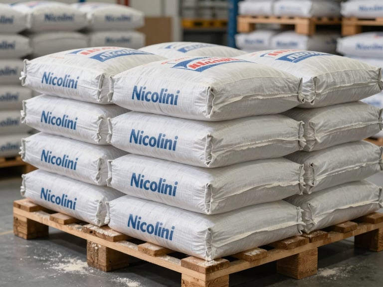 Close-up of industrial sacks of Nicolini flour stacked neatly on wooden pallets inside a clean distribution center, sharp focus, natural side lighting.