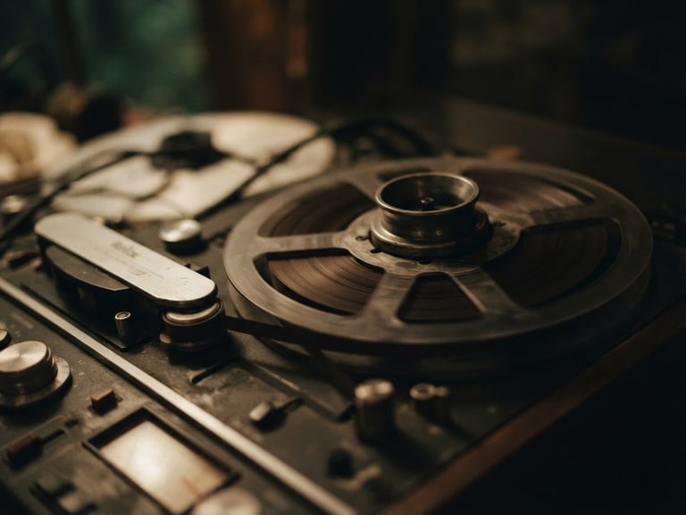 Close-up of a vintage analog tape reel spinning, low-key moody lighting, warm cream tones, desaturated organic greens, 35mm film grain