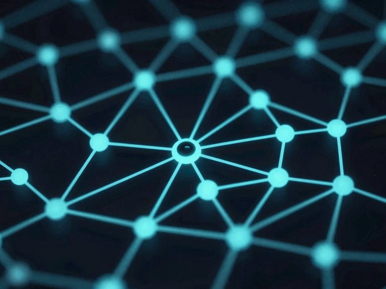 Extreme macro of a high-quality digital display rendering complex cryptographic node graphs, dark obsidian and electric cyan tones