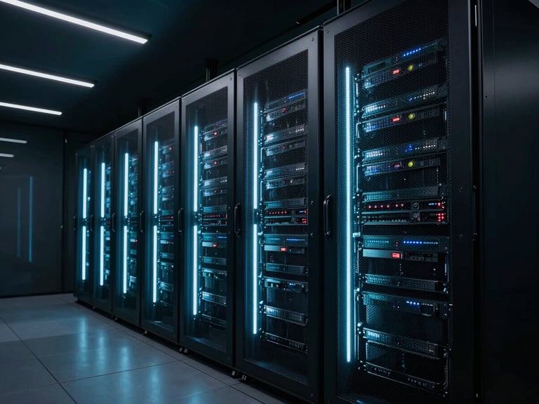 Wide-angle architectural shot of a modern dark data center with sharp directional neon highlights, cool-toned ambient light
