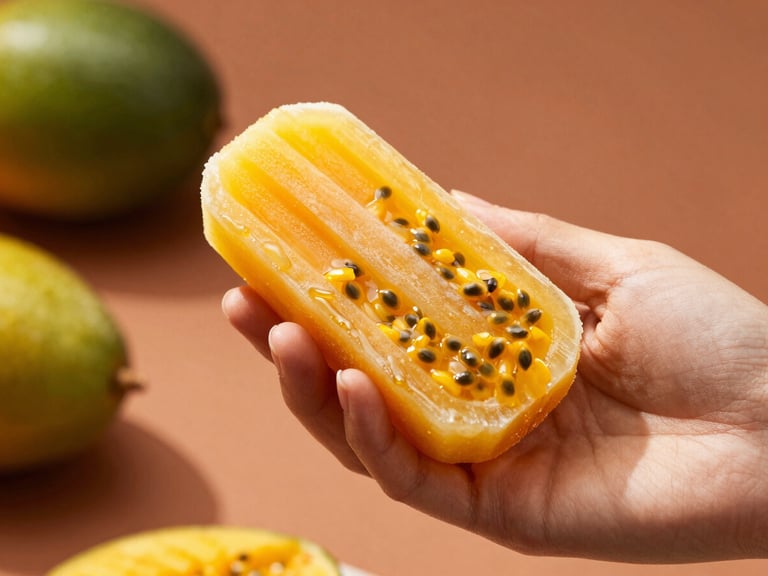 Warm editorial photography of a hand holding a vibrant passionfruit mango paleta with real seeds, golden-hour sunlight casting warm shadows.