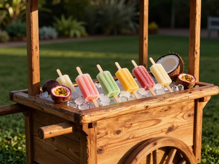 A beautifully styled rustic wooden ice pop cart at an outdoor Sydney garden party, golden-hour sunlight casting warm shadows, colorful artisanal paletas resting on ice with fresh passionfruit and coconut nearby.