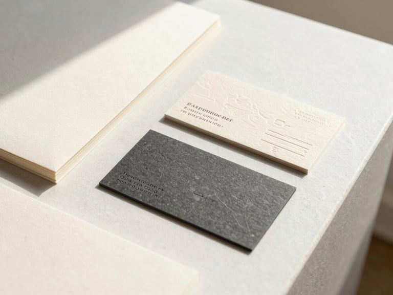 High-angle flat lay of premium embossed stationery and tactile business cards on a pure white stone surface, warm afternoon sunlight, sharp shadows.