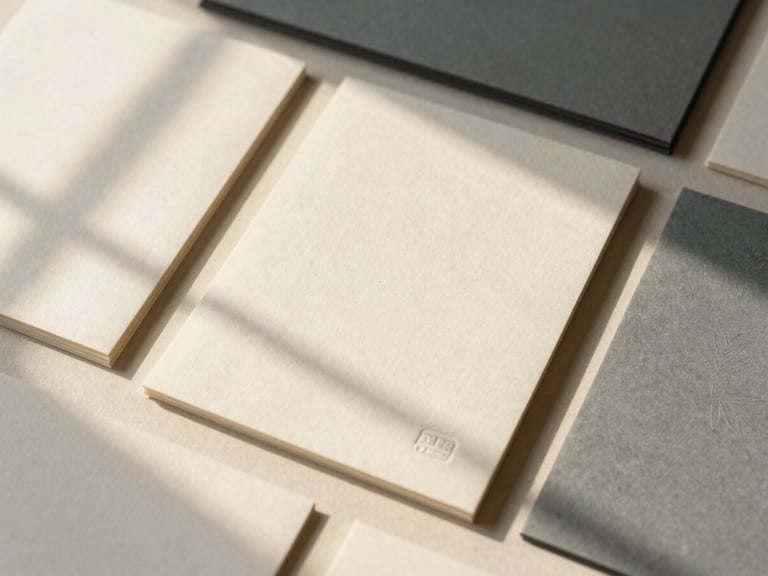 High-angle flat lay of minimalist physical brand touchpoints, embossed stationery on soft ivory paper with warm golden-hour window shadows, 35mm photography