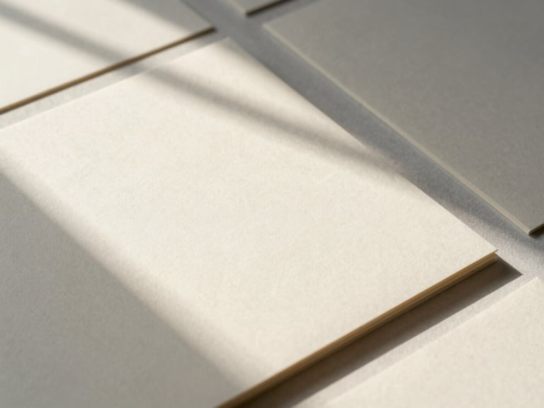 High-angle editorial flat lay of embossed ivory stationery, warm golden-hour window shadows casting soft lines across fine paper textures, minimalist, 35mm