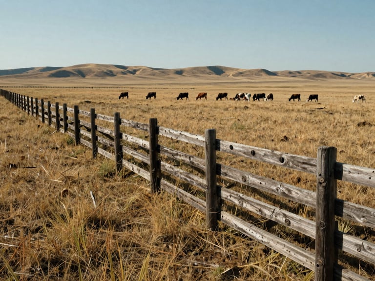 Stark midday light on weathered timber fence lines stretching across the native shortgrass prairie, with a small herd of cattle grazing in the distance.