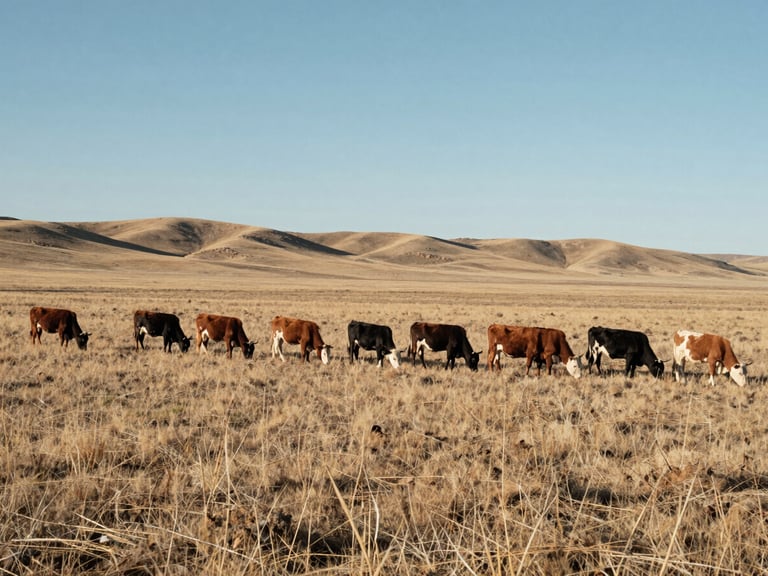 Wide panoramic view of a cattle herd grazing in a structured formation across dry Wyoming shortgrass prairie, low-stress handling, stark midday sun.