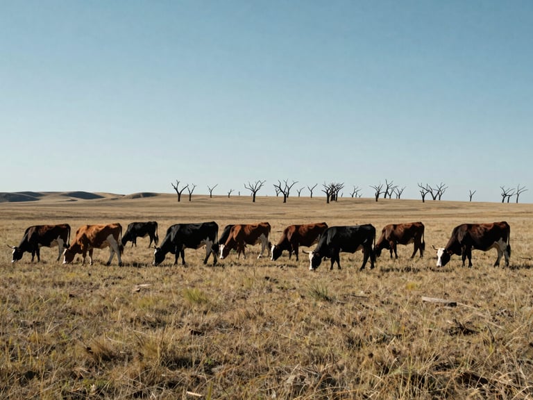 Wide shot of a cattle herd grazing in natural formation across native shortgrass prairie, wind-broken timber in the far distance, stark midday sun, high contrast.