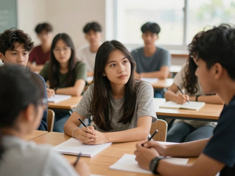 A diverse group of students engaged in a classroom discussion, natural light, warm editorial photography, shallow depth of field, 35mm lens