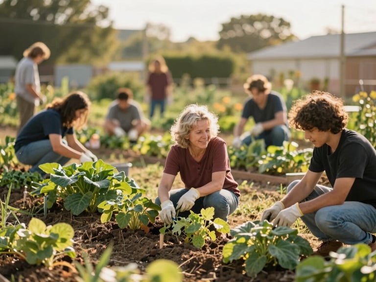 A community garden project with people working together, warm golden-hour outdoor light, candid human interaction, rich organic tones, shallow depth of field, 35mm lens