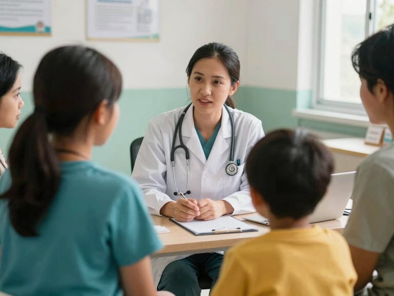 A community health worker speaking with a family in a local clinic, natural daylight, candid human interaction, rich organic tones, 35mm lens