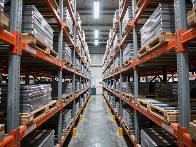 High-density drive-in pallet racking system with steel guide rails, looking down a deep storage lane, cool industrial lighting