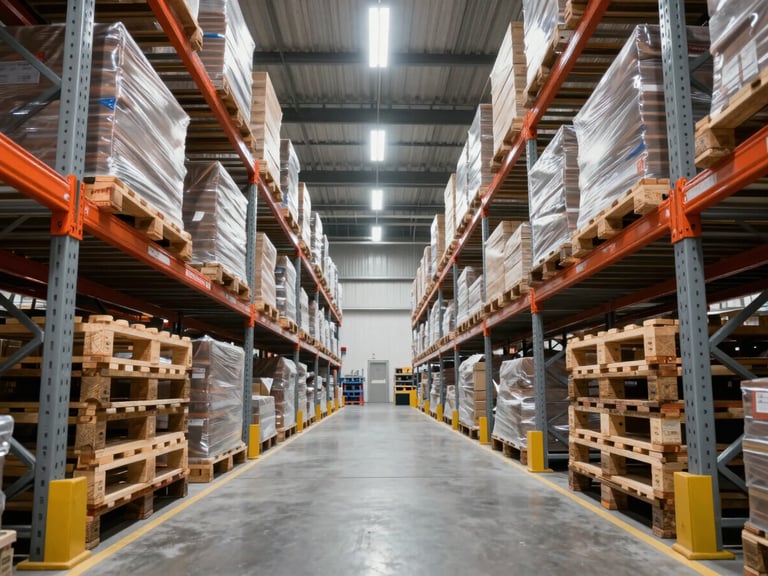 Clean warehouse aisle with selective racking systems holding wooden pallets, bright industrial lighting, low-angle perspective