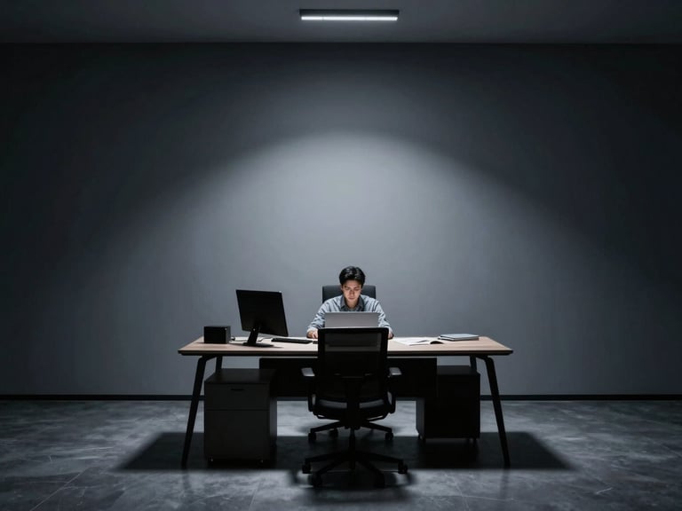 Minimalist modern office space with focused professional working at a desk, cool-toned ambient light, sharp shadows, 35mm