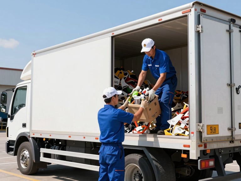 Professional crew member in uniform loading yard waste into a clean branded truck, sunny outdoor setting, focus on efficiency.