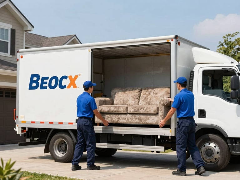 Professional crew members in uniform carefully loading an old sofa onto a clean branded truck from a residential driveway, bright daylight, clean composition.