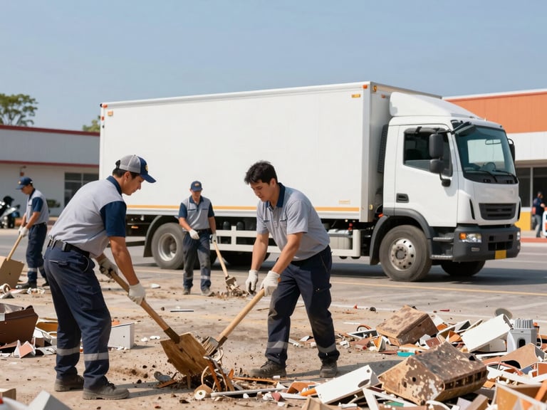 Professional crew members in uniform efficiently clearing construction debris from a commercial site, clean branded truck in background, bright daylight, focus on teamwork.