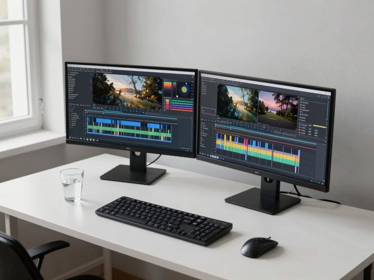 Close wide shot of a minimalist editing workstation from a slightly elevated angle — dual monitors showing color-graded footage timelines, a glass of water, a single pen on a clean desk, natural window light from the left casting soft even illumination, no personal items or clutter