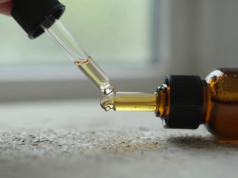 Macro close-up of an amber glass dropper bottle resting on a rustic stone surface, soft natural window light, muted sage green background, 35mm