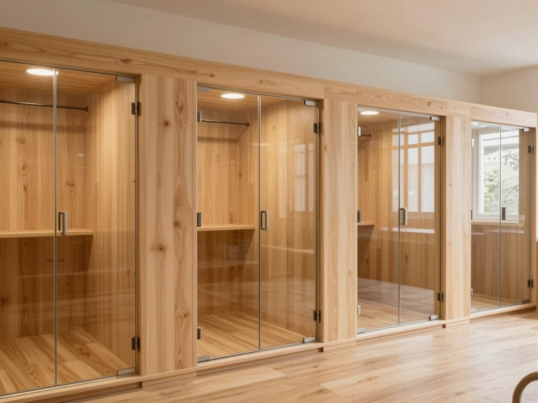 Clean architectural shot of individual dog suites with private glass doors and sound-insulated walls, warm natural light, pristine organization.