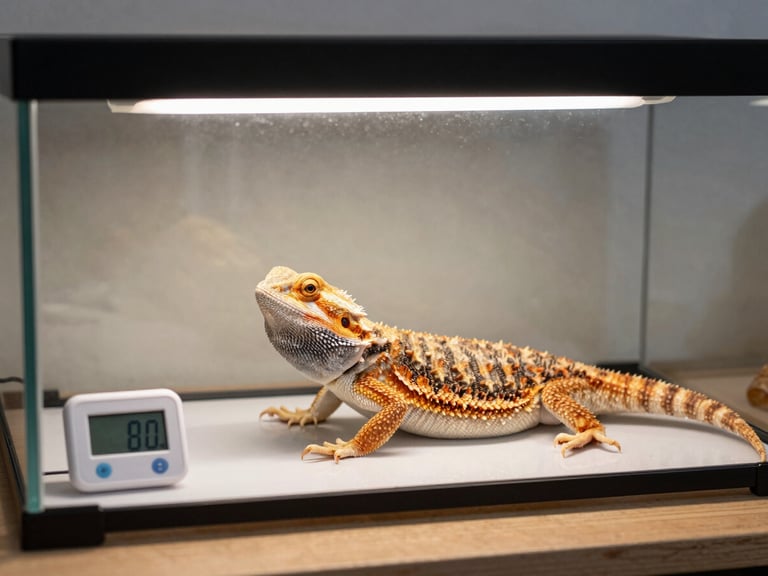 Close-up of a clean, modern reptile enclosure with pristine glass, a precise digital thermometer, and a calm bearded dragon resting under a soft basking light.