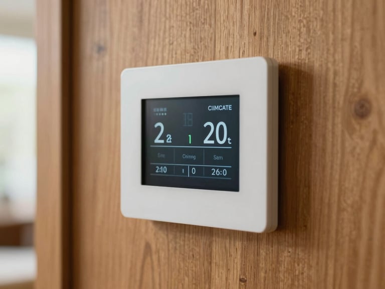 Close-up of a modern, clean digital climate control panel mounted on a cedar wood wall, displaying precise temperature and humidity metrics.