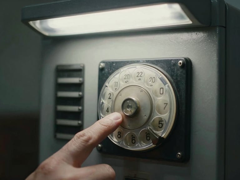 Macro close-up of fingers pressing a physical rotary dial on a retro utility panel, harsh direct fluorescent office lighting, desaturated industrial tones