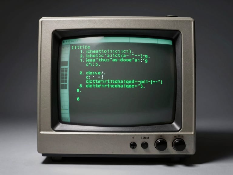 Straight-on technical view of a vintage terminal screen showing clean green lines of code, high-contrast studio flash, sharp shadows, 35mm