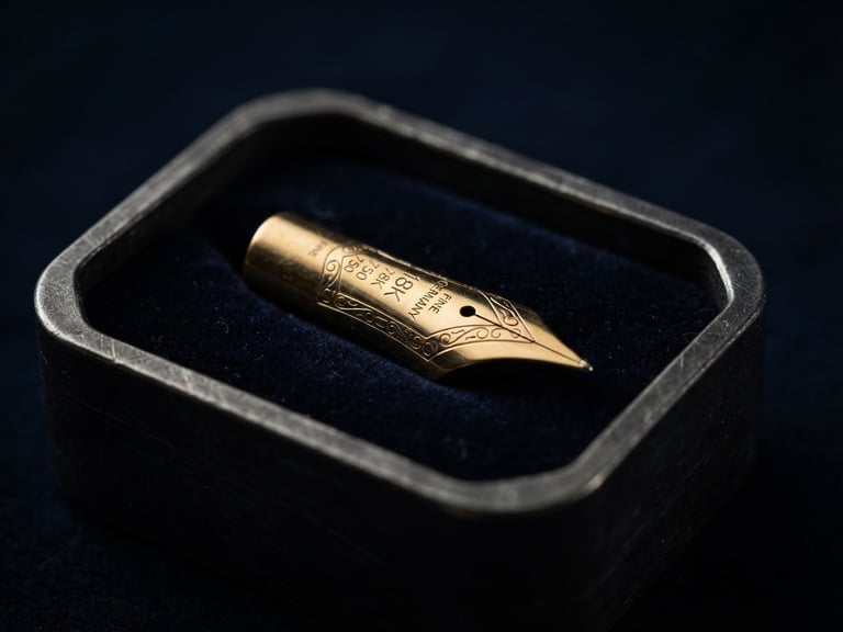 Macro studio shot of a gold pen nib inside a custom metallic shipping container, dramatic side lighting, deep navy background.