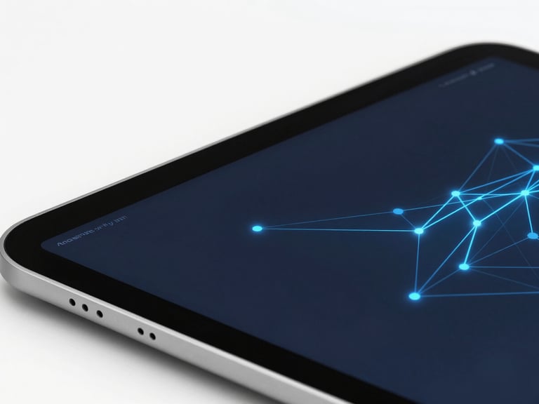 Macro shot of a high-end tablet displaying a clean dark-mode data visualization interface, soft blue glowing network lines, bright neutral studio lighting, sharp focus