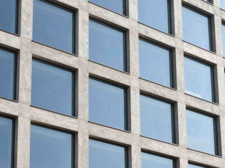 Crisp architectural detail of a modern concrete and glass office building facade, reflecting bright blue sky, clean geometric lines, sharp focus