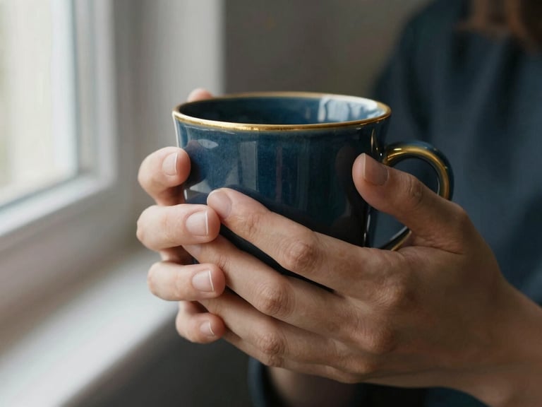 Close-up of hands gently holding a warm ceramic mug, soft natural light, deep petrol and gold tones, shallow depth of field, 35mm.