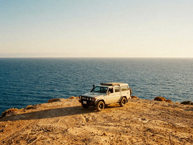 Wide-angle environmental shot of an open-top 4x4 parked on a sun-drenched coastal cliff overlooking deep ocean blue water, warm golden hour light, 35mm film look.