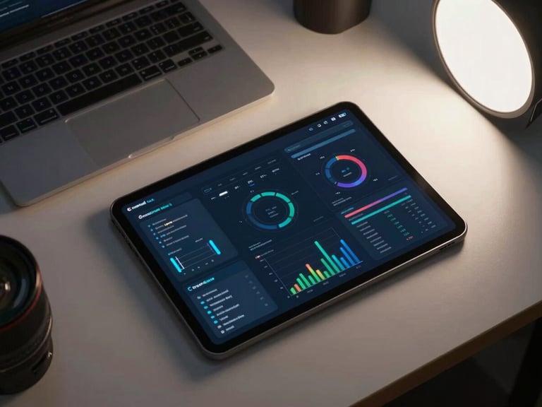 Wide overhead shot of a developer's desk with an Android tablet displaying an enterprise data dashboard, complex graph components visible on screen, cool studio strobe lighting, keyboard and trackpad in frame at the edge