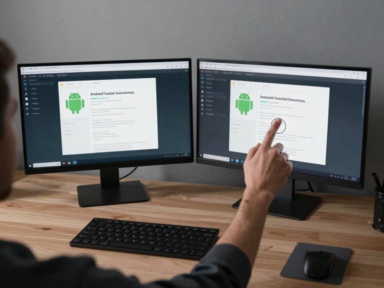 Wide overhead shot of a developer desk, two monitors displaying Android UI wireframes side by side, a hand pointing at accessibility annotations, cool neutral studio lighting, no people visible above shoulder level