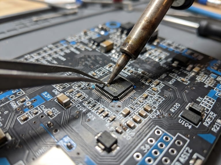Macro close-up of a circuit board under repair, bright focused workbench light, soldering iron tip near microchip, cool grey and electric blue tones.