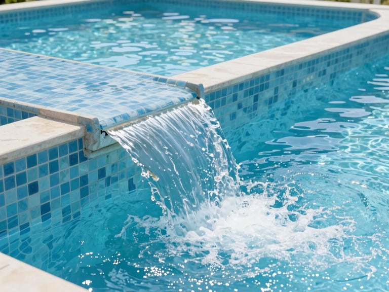 Close-up detail of a custom-designed waterfall flowing into a pristine swimming pool, clean blue and aqua tones, bright natural daylight.