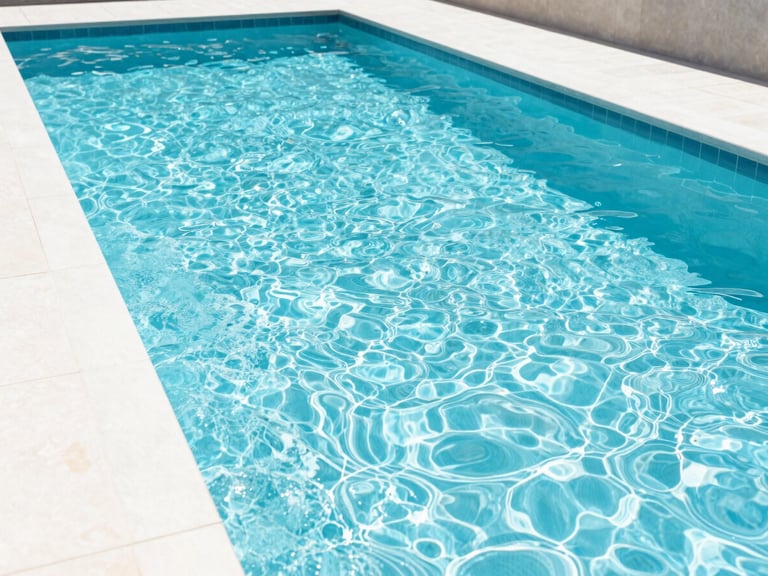 Wide shot of a newly installed linear swimming pool with sparkling clear water, modern patio, bright natural daylight, crisp architectural photography.