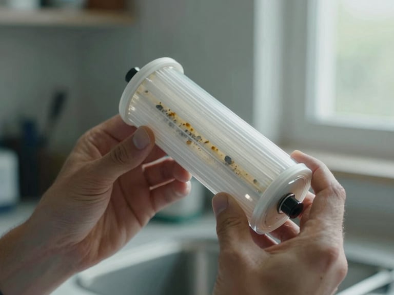 Close-up overhead view of a technician's hands holding a transparent RO filter cartridge showing visible sediment buildup inside, natural north-facing window light, no staging, muted kitchen background