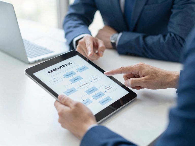 Professional hands pointing at a digital flowchart on a tablet, discussing administrative workflows in a modern, clean office, bright natural daylight, cool blue tones