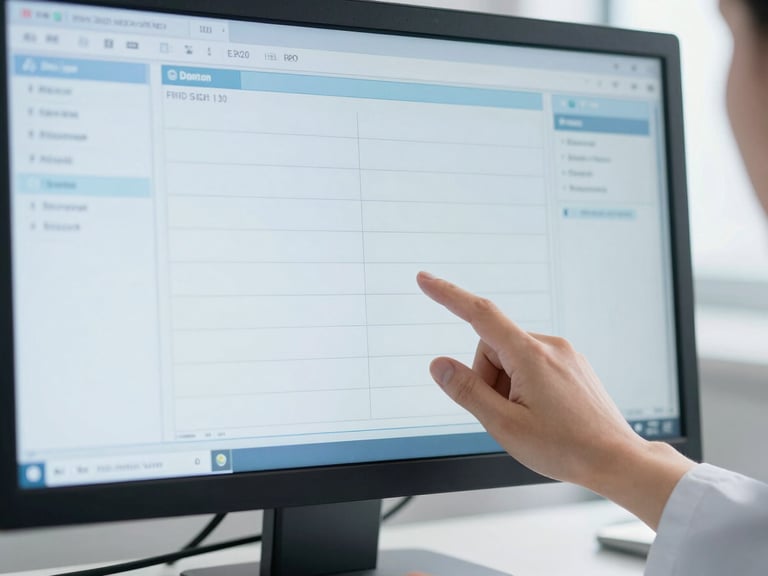Close-up of a professional hand interacting with a medical EMR interface on a clean desktop monitor, bright natural daylight, cool blue tones, structured office environment
