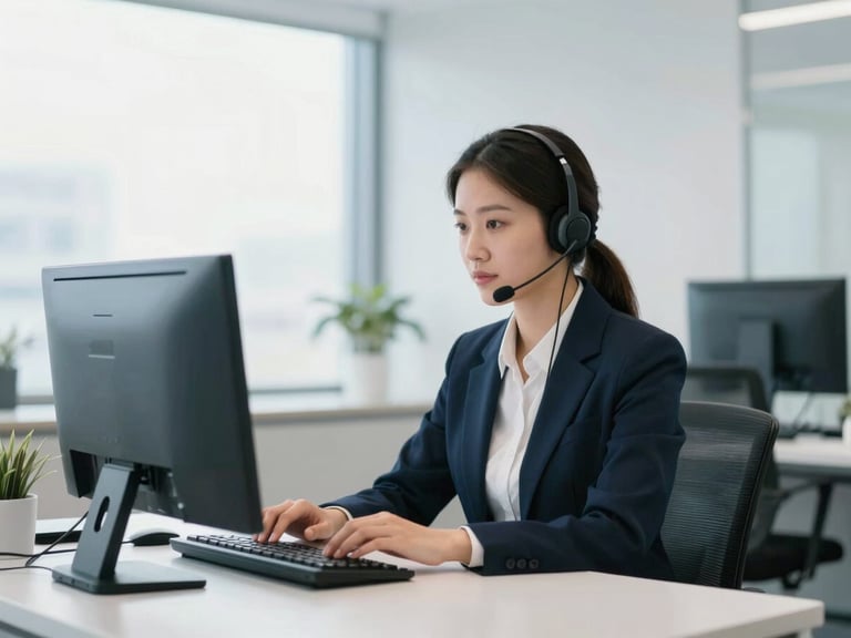 Professional administrative staff member with a headset, focused on a computer screen in a quiet, modern clinic office, bright natural daylight, cool blue tones
