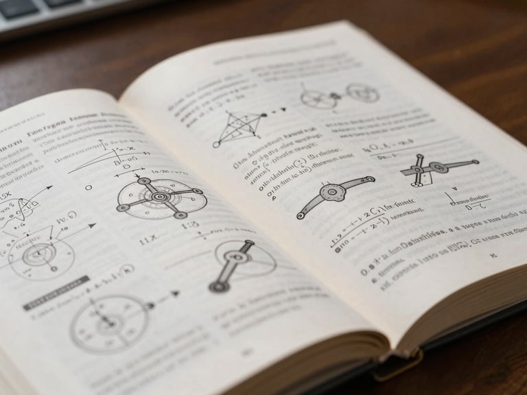 Macro shot of an open physics textbook showing detailed mechanics diagrams and equations, crisp neutral lighting, academic environment.